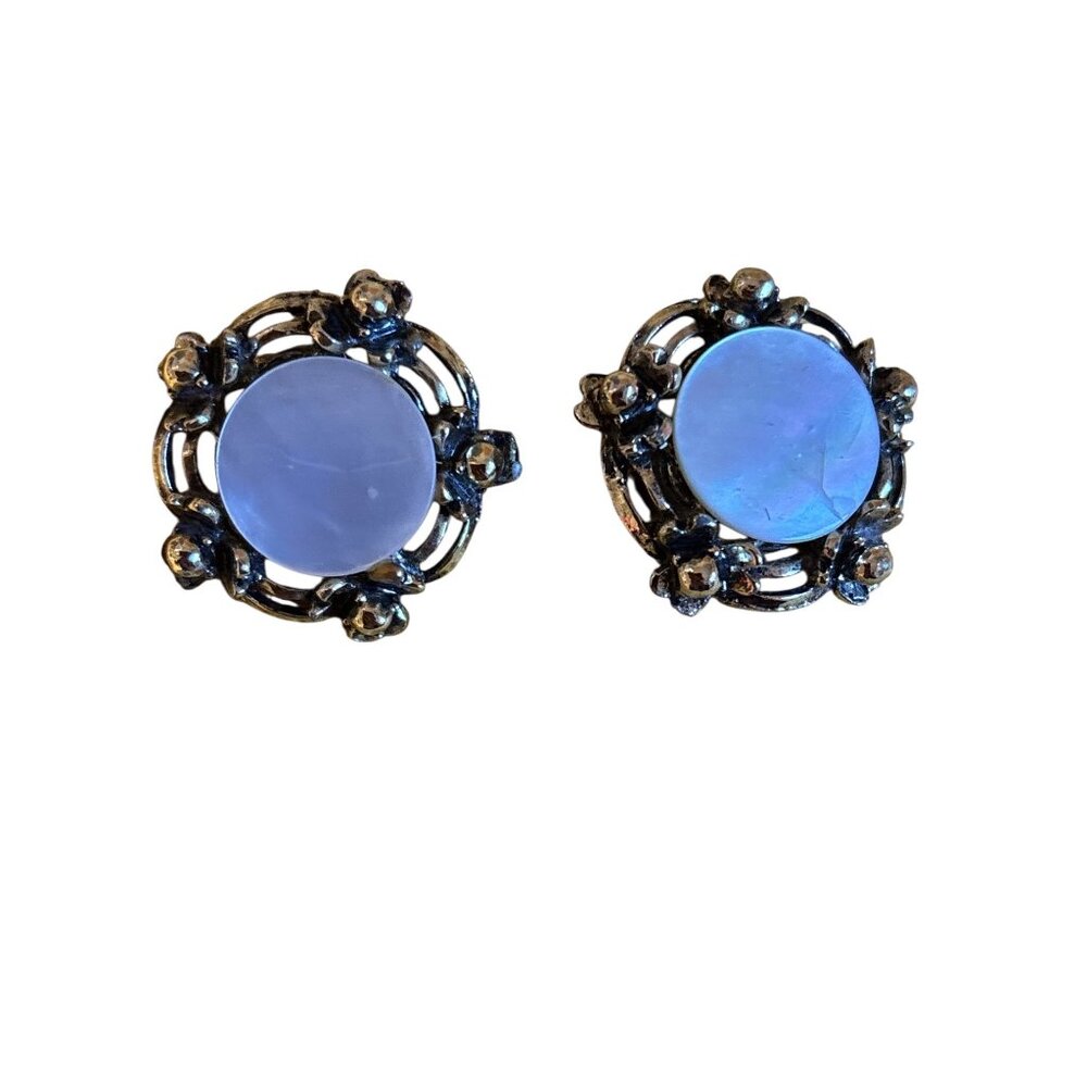 Vintage Clip-On Earrings With White Sea shell  Faux Gemstones & Ornate Metal Des